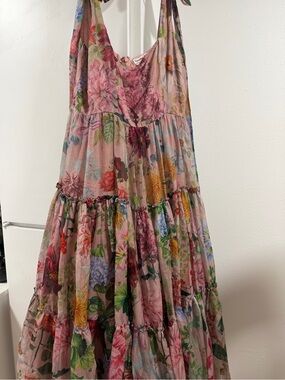 Geisha designs Isabella pink floral bow shoulder tiered formal midi dress